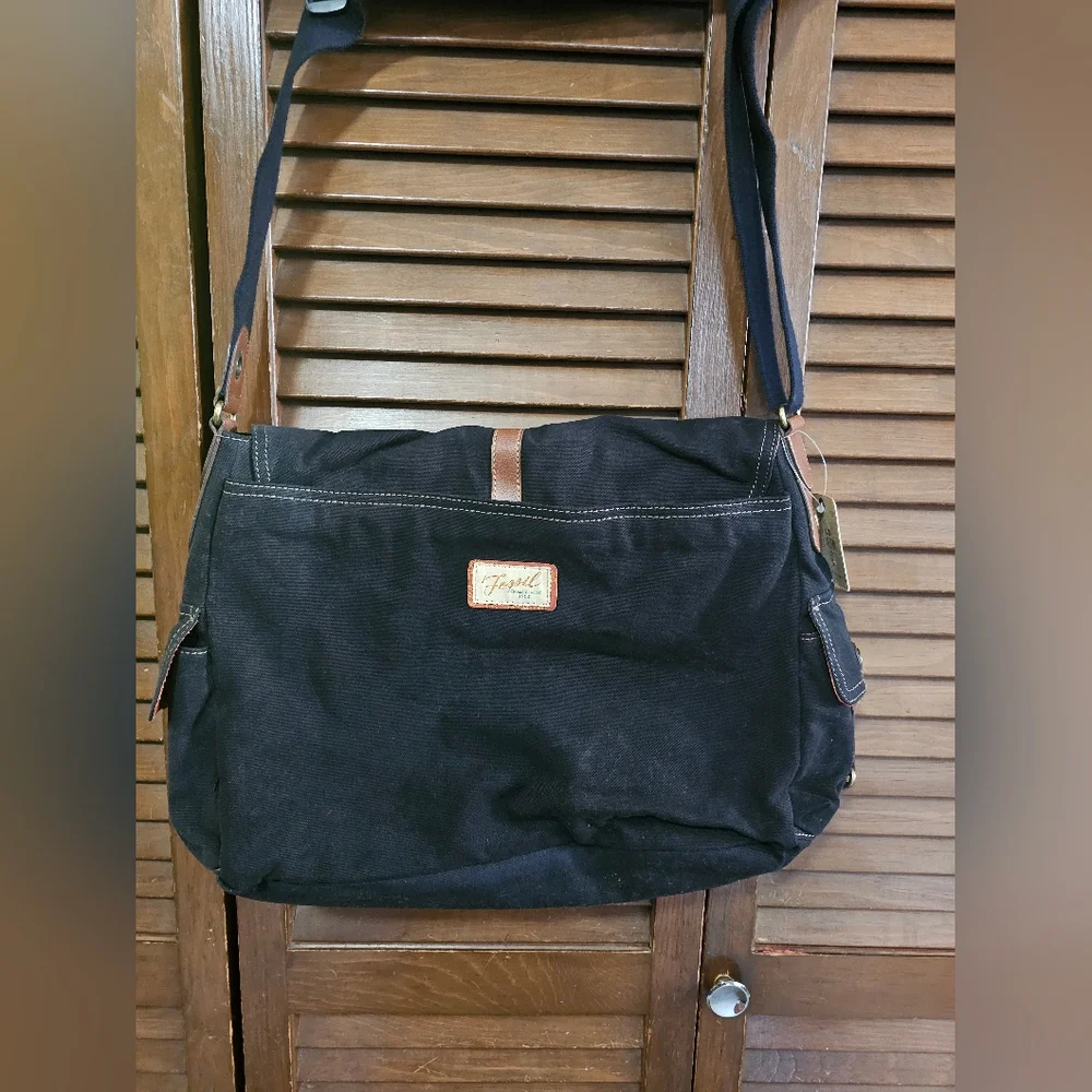 Fossil Black Canvas Messenger Bag W/ Brown Leather Accents NWT